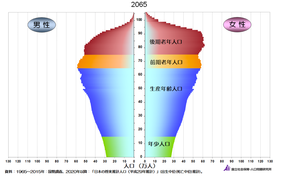 2065年の人口ピラミッド〜高齢世代が増えどんぐり型に
